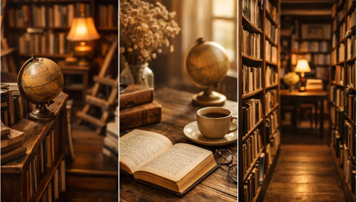 Inspirativni enterijer knjižare sa policama knjiga i toplom atmosferom