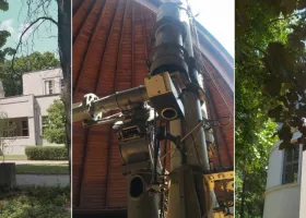 Biblioteka Astronomske opservatorije na Zvezdari sa starim knjigama, drvenim policama i istorijskim astronomskim instrumentima.